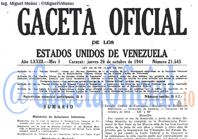 Gaceta Oficial 21545 del 26 Octubre 1944