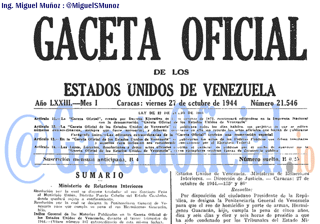 Gaceta Oficial 21546 del 27 Octubre 1944