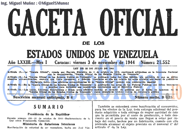 Gaceta Oficial 21552 del 3 Noviembre 1944