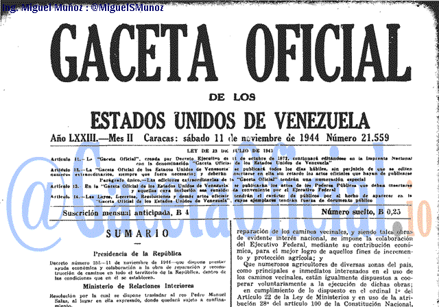 Gaceta Oficial 21559 del 11 Noviembre 1944