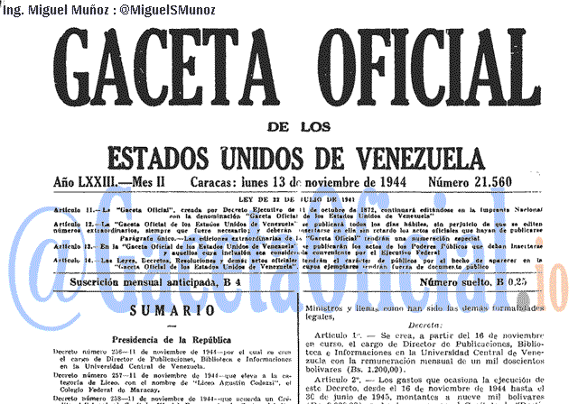 Gaceta Oficial 21560 del 13 Noviembre 1944