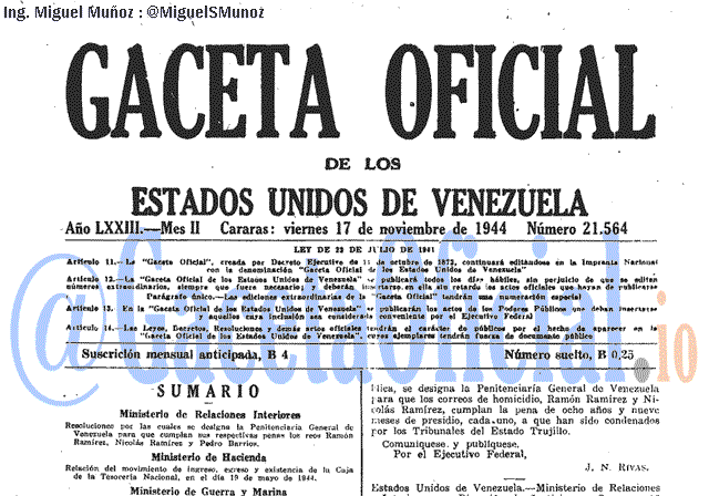 Gaceta Oficial 21564 del 17 Noviembre 1944