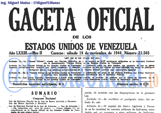 Gaceta Oficial 21565 del 18 Noviembre 1944