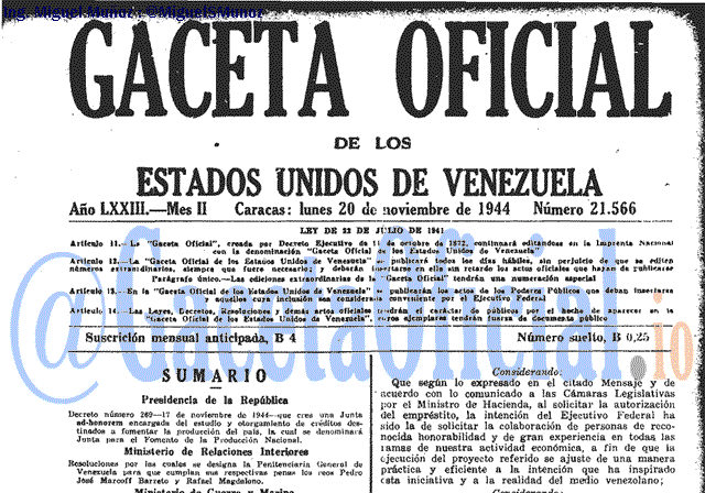 Gaceta Oficial 21566 del 20 Noviembre 1944