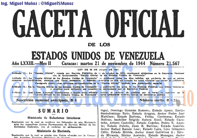 Gaceta Oficial 21567 del 21 Noviembre 1944