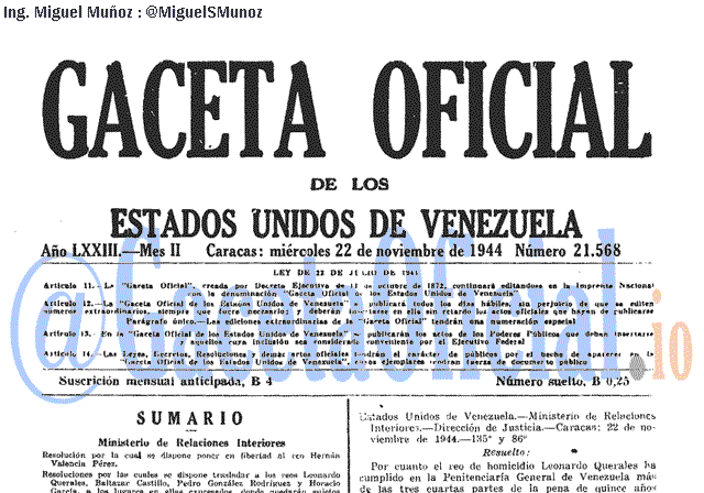 Gaceta Oficial 21568 del 22 Noviembre 1944