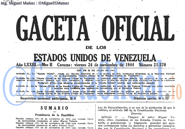 Gaceta Oficial 21570 del 24 Noviembre 1944
