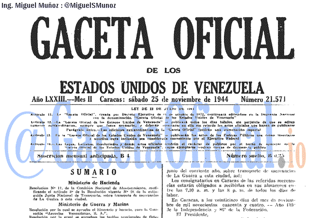 Gaceta Oficial 21571 del 25 Noviembre 1944