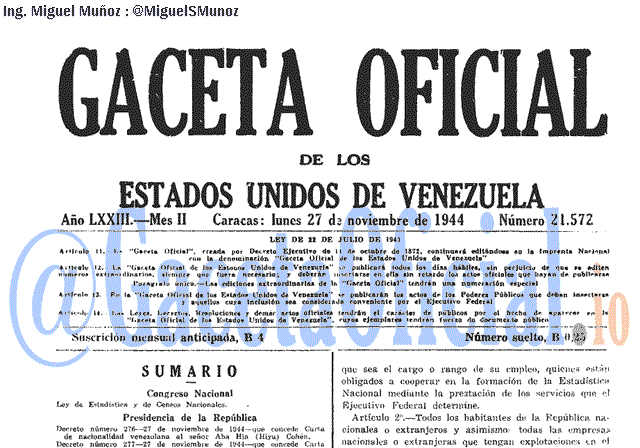 Gaceta Oficial 21572 del 27 Noviembre 1944