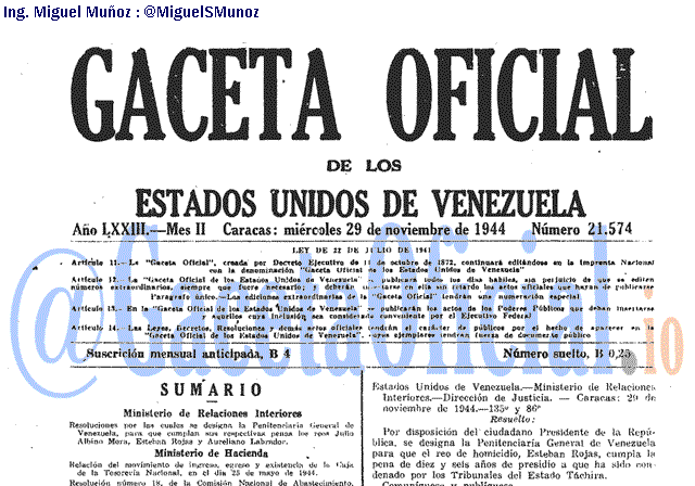 Gaceta Oficial 21574 del 29 Noviembre 1944
