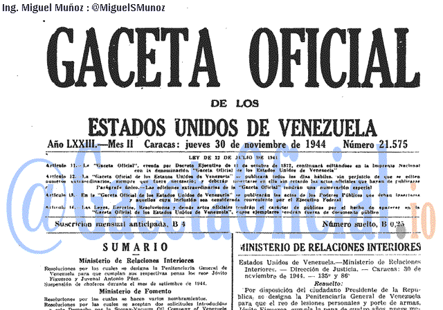Gaceta Oficial 21575 del 30 Noviembre 1944