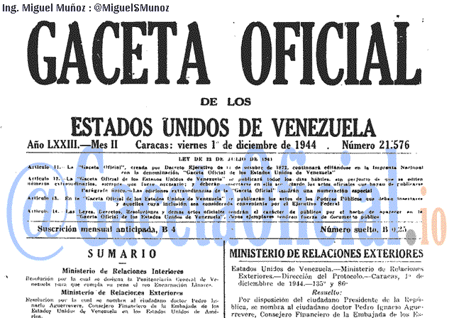 Gaceta Oficial 21576 del 1 Diciembre 1944