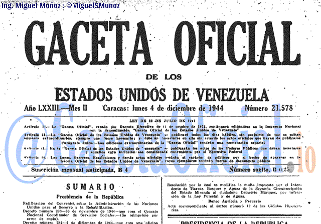 Gaceta Oficial 21578 del 4 Diciembre 1944