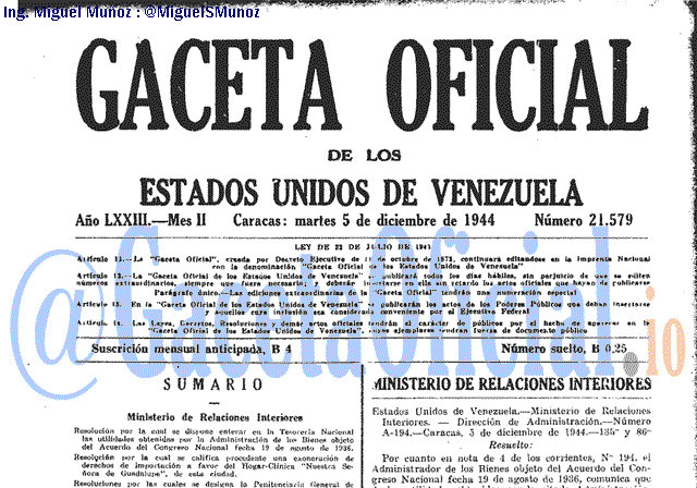 Gaceta Oficial 21579 del 5 Diciembre 1944
