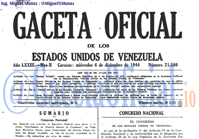 Gaceta Oficial 21580 del 6 Diciembre 1944