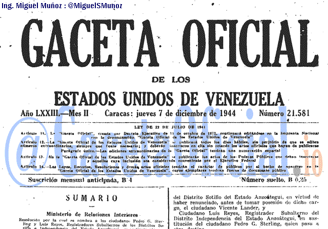 Gaceta Oficial 21581 del 7 Diciembre 1944
