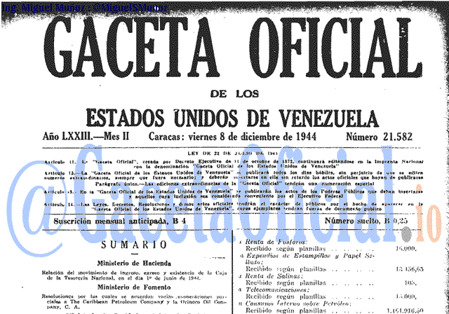 Gaceta Oficial 21582 del 8 Diciembre 1944