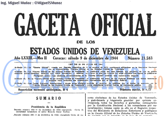Gaceta Oficial 21583 del 9 Diciembre 1944