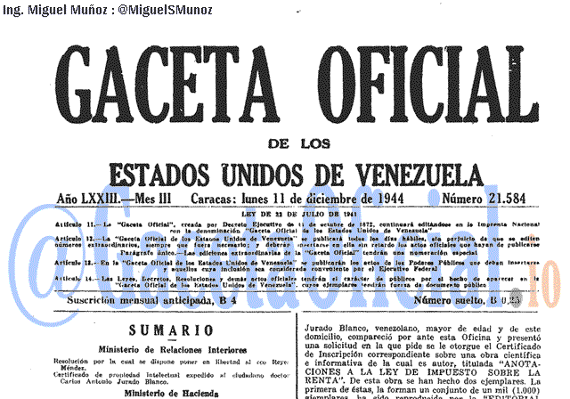 Gaceta Oficial 21584 del 11 Diciembre 1944