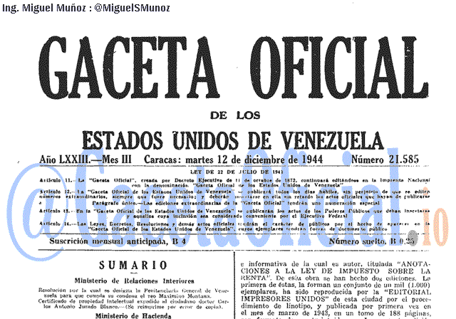 Gaceta Oficial 21585 del 12 Diciembre 1944