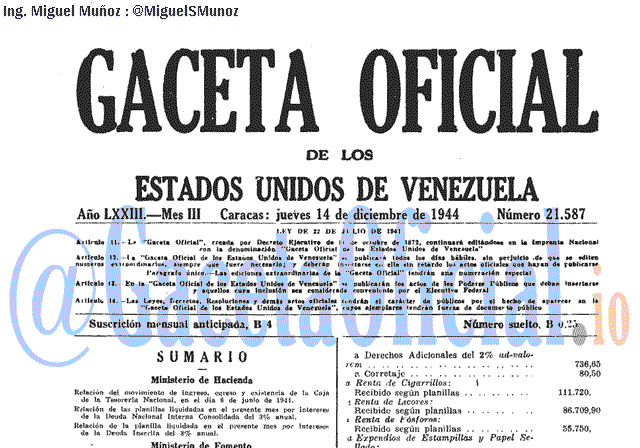 Gaceta Oficial 21587 del 14 Diciembre 1944
