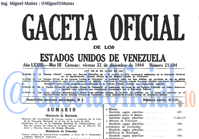 Gaceta Oficial 21594 del 22 Diciembre 1944