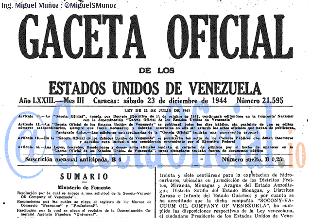 Gaceta Oficial 21595 del 23 Diciembre 1944