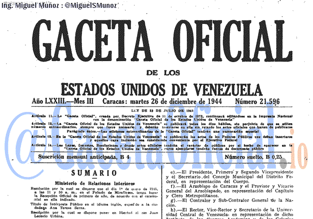Gaceta Oficial 21596 del 26 Diciembre 1944