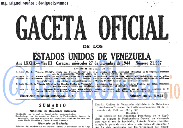 Gaceta Oficial 21597 del 27 Diciembre 1944