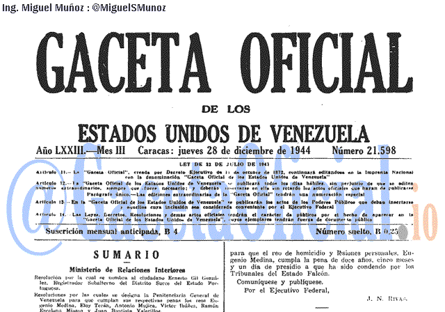 Gaceta Oficial 21598 del 28 Diciembre 1944