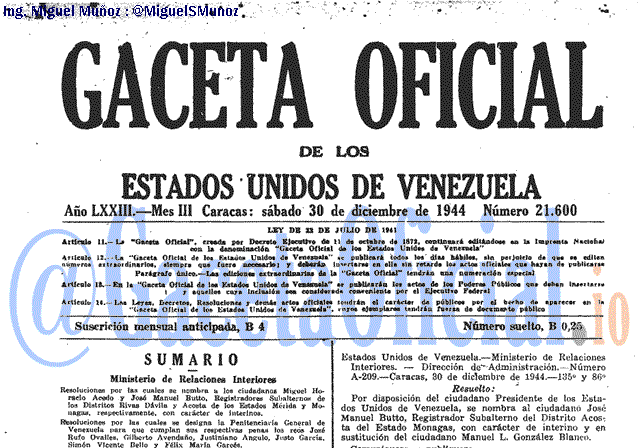 Gaceta Oficial 21600 del 30 Diciembre 1944
