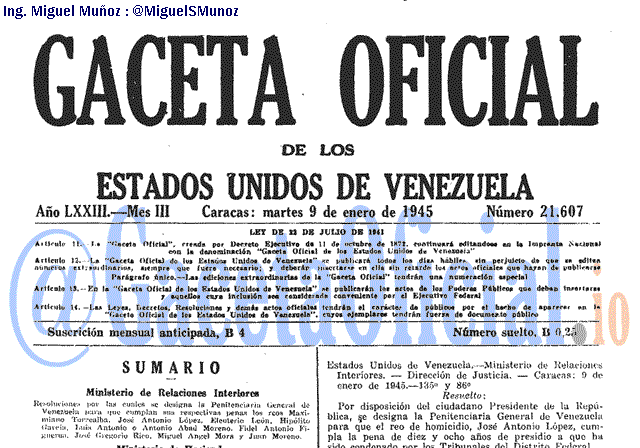 Gaceta Oficial 21607 del 9 Enero 1945