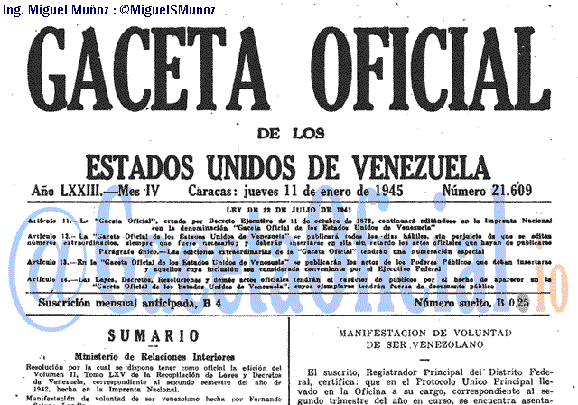 Gaceta Oficial 21609 del 11 Enero 1945