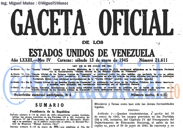 Gaceta Oficial 21611 del 13 Enero 1945