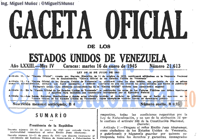 Gaceta Oficial 21613 del 16 Enero 1945