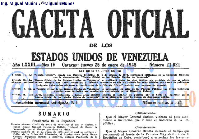 Gaceta Oficial 21621 del 25 Enero 1945