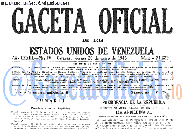 Gaceta Oficial 21622 del 26 Enero 1945
