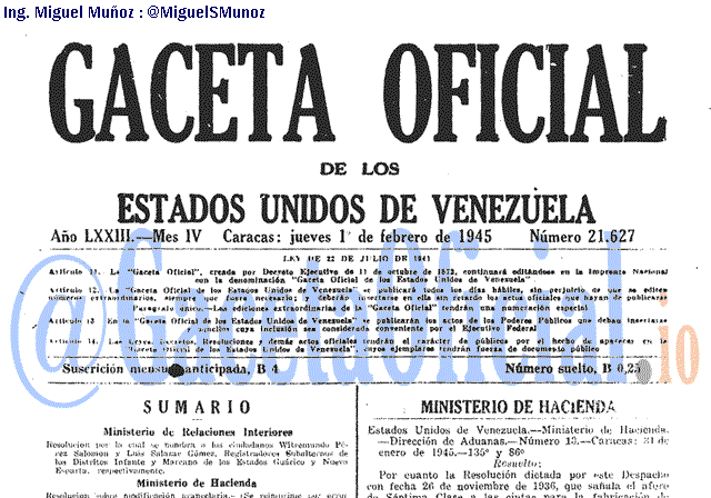 Gaceta Oficial 21627 del 1 Febrero 1945