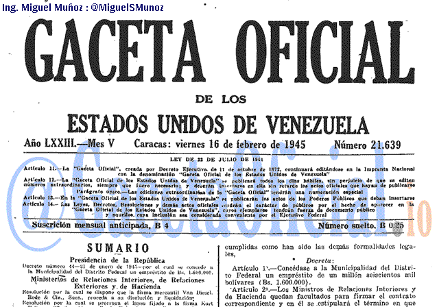 Gaceta Oficial 21639 del 16 Febrero 1945