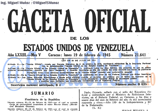 Gaceta Oficial 21641 del 19 Febrero 1945