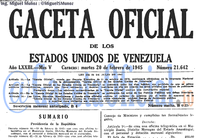 Gaceta Oficial 21642 del 20 Febrero 1945