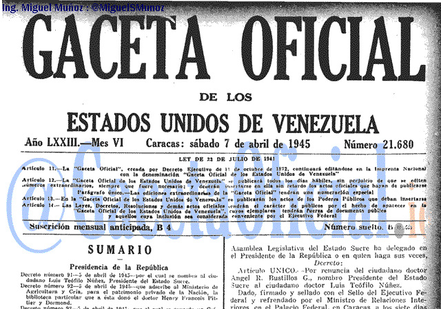 Gaceta Oficial 21680 del 7 Abril 1945