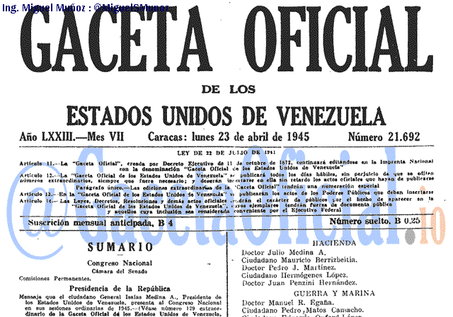 Gaceta Oficial 21692 del 23 Abril 1945