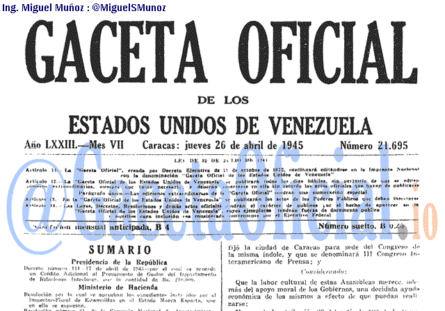 Gaceta Oficial 21695 del 26 Abril 1945