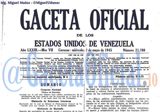 Gaceta Oficial 21700 del 2 Mayo 1945