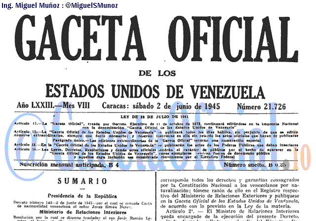 Gaceta Oficial 21726 del 2 Junio 1945