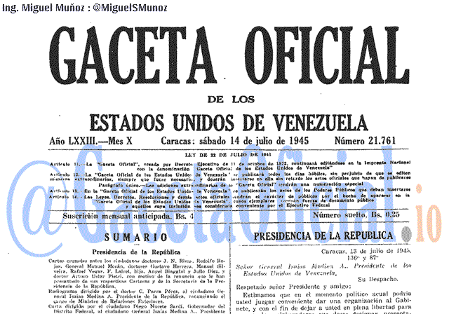 Gaceta Oficial 21761 del 14 Julio 1945
