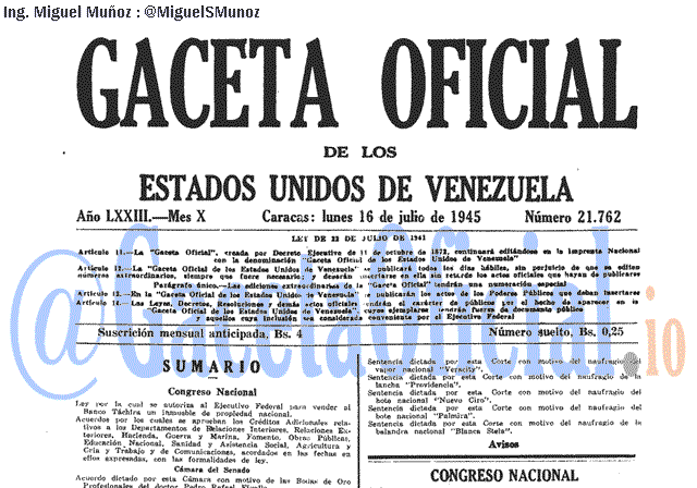 Gaceta Oficial 21762 del 16 Julio 1945