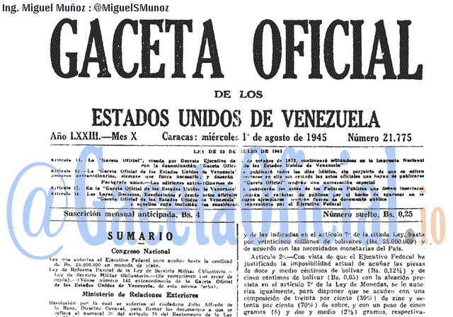 Gaceta Oficial 21775 del 1 Agosto 1945