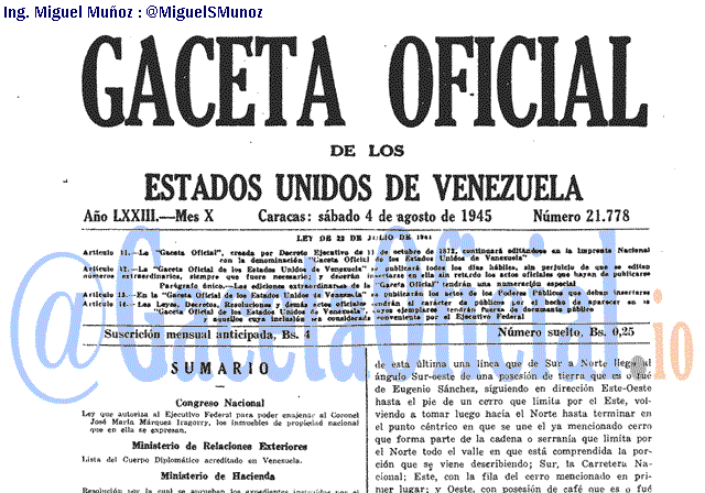 Gaceta Oficial 21778 del 4 Agosto 1945